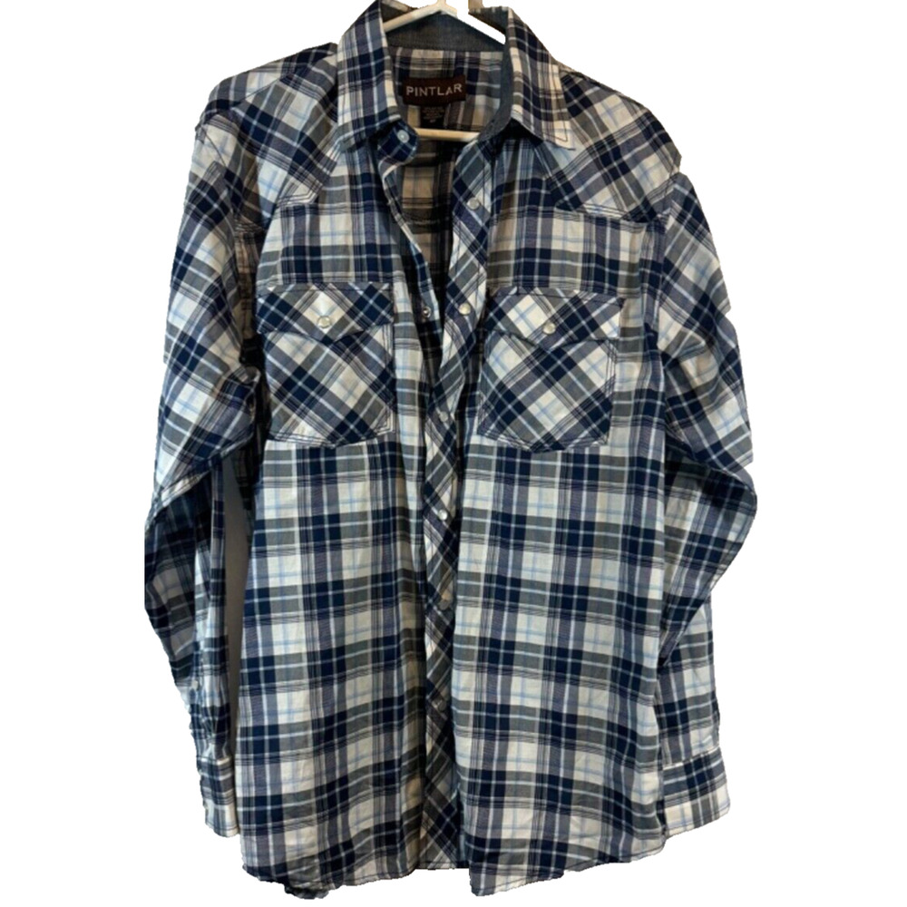 Mens M Pintlar Blue Plaid pearl snap western button LS shirt Country A38